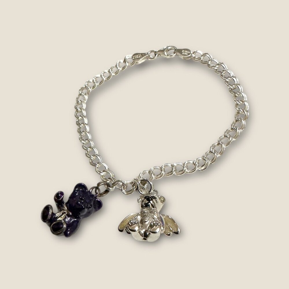 Sterling Silver Angel Bear & Enamel Teddy Bear Charm Bracelet - Italy - Vintage-